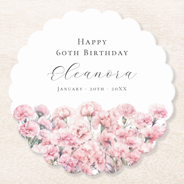 Dessous-de-verre En Papier 60th Birthday Pink Carnation January Birth Flower (Devant)
