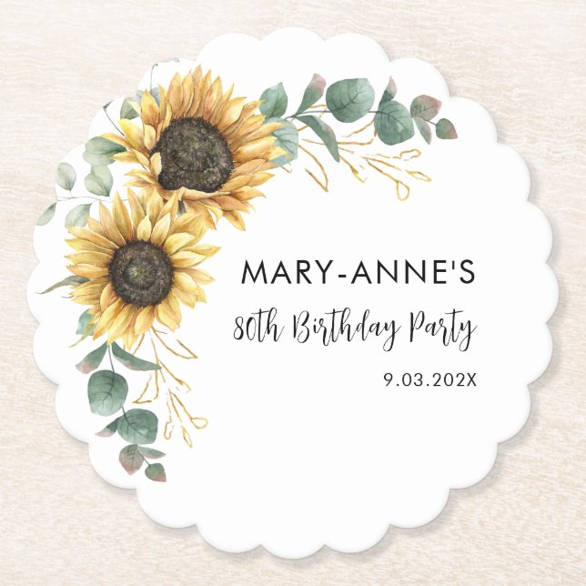 Dessous-de-verre En Papier 80e fête d'anniversaire tournesol floral Script (Devant)