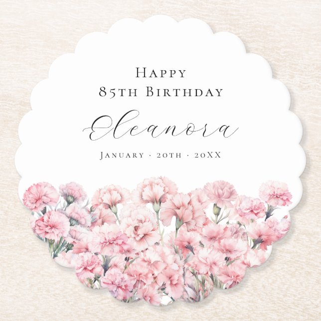 Dessous-de-verre En Papier 85th Birthday Pink Carnation January Birth Flower (Devant)