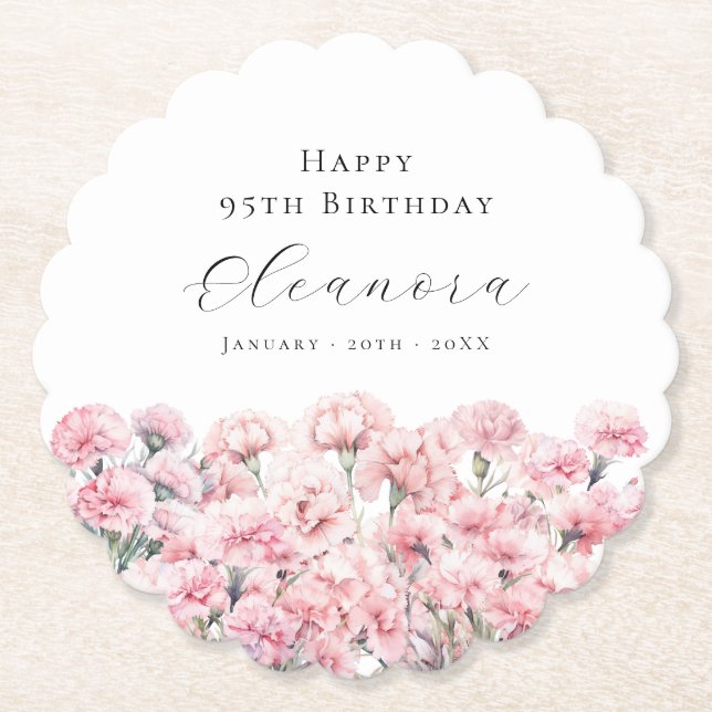 Dessous-de-verre En Papier 95th Birthday Pink Carnation January Birth Flower (Devant)