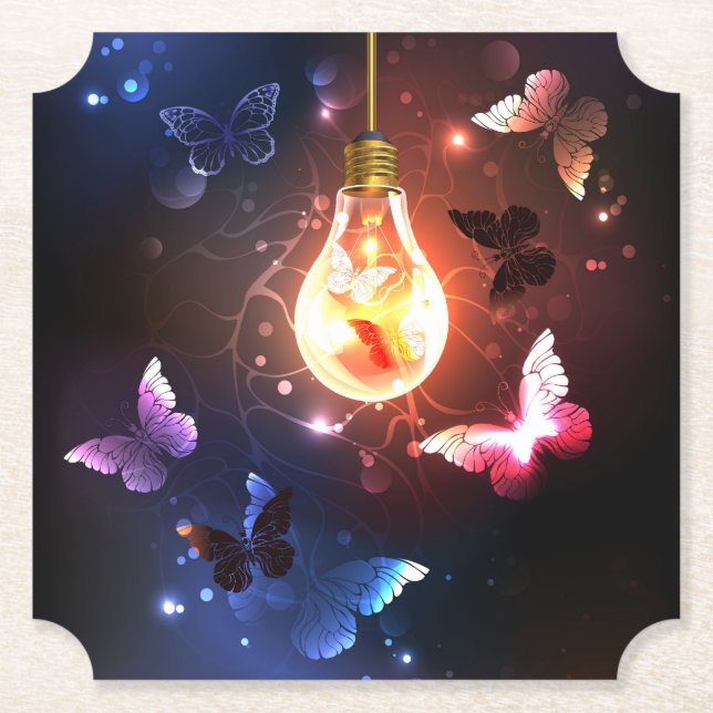 Dessous-de-verre En Papier Ampoule lumineuse avec papillons nocturnes (Devant)