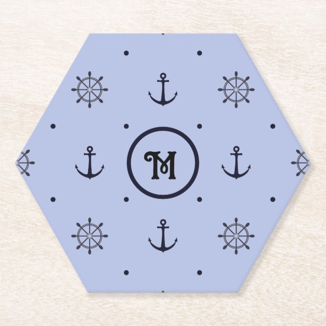 Dessous-de-verre En Papier Ancres nautiques, Roue des navires, Pois bleus (Devant)