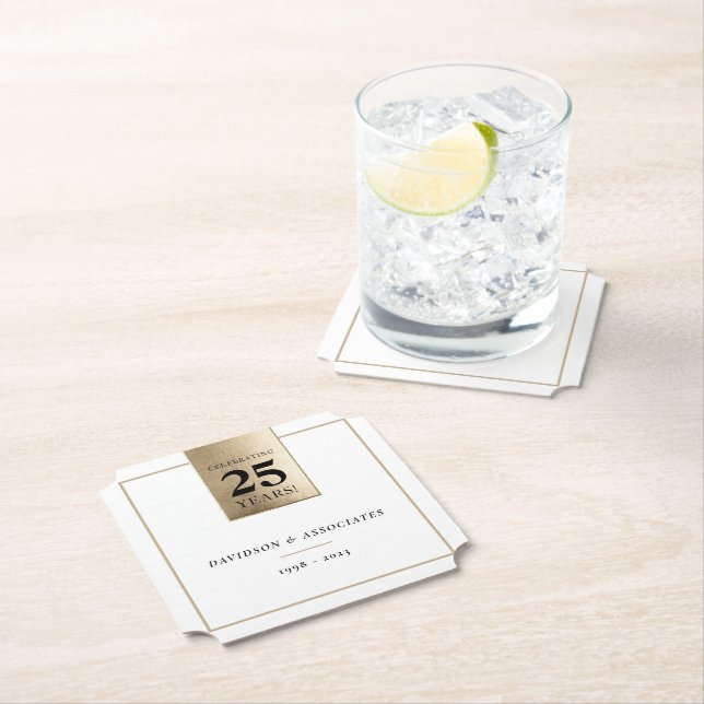 Dessous-de-verre En Papier ANNIVERSAIRE D'ENTREPRISE commerce blanc or noir (En situation)