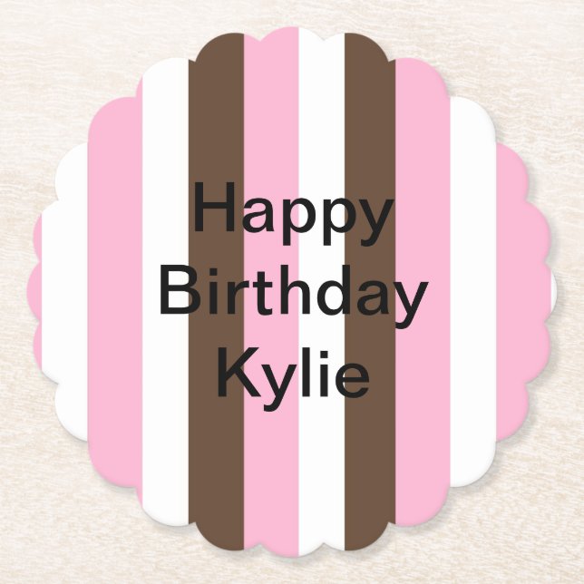 Dessous-de-verre En Papier Anniversaire des rayures rose, chocolat et blanche (Devant)