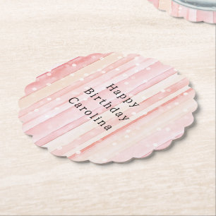 Dessous-de-verre En Papier Anniversaire Filles Rose Pâle Rayures Points Blanc