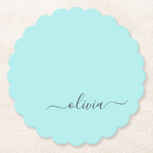 Dessous-de-verre En Papier Aqua Blue Turquoise Moderne Script Girl Monogramme