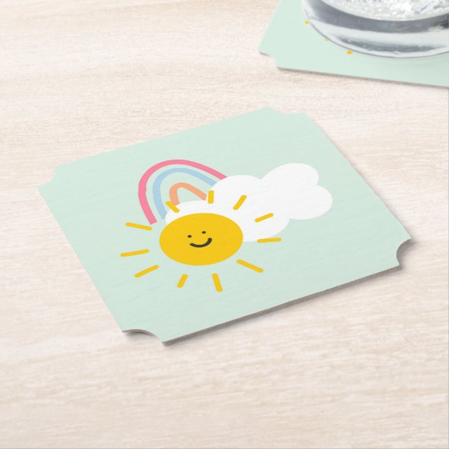 Dessous-de-verre En Papier Aquarelle Boho arc-en-ciel et soleil (Incliné)
