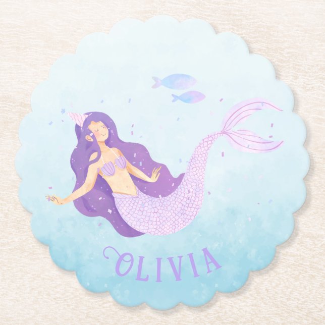Dessous-de-verre En Papier Aquarelle de sirène mauve mauve fille Anniversaire (Devant)