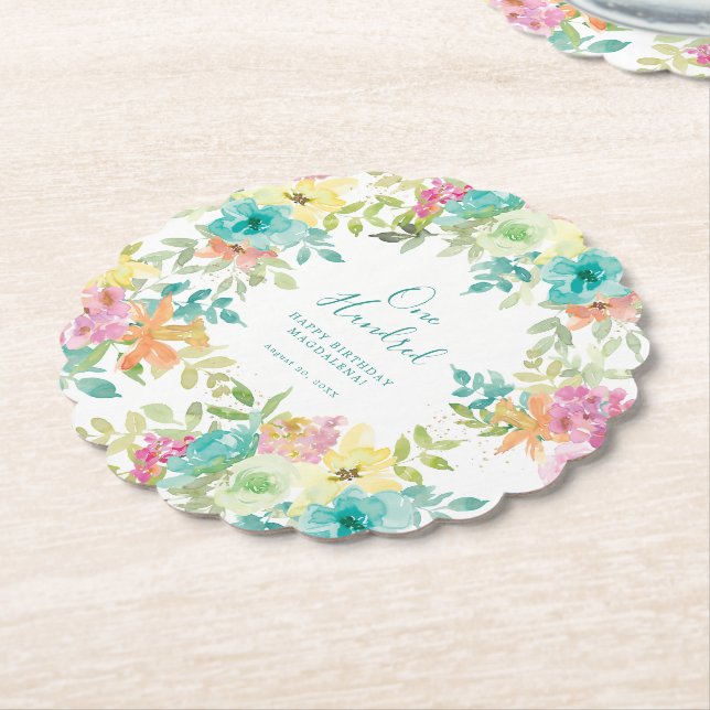 Dessous-de-verre En Papier Aquarelle d'été Floral Custom 100e anniversaire (Incliné)