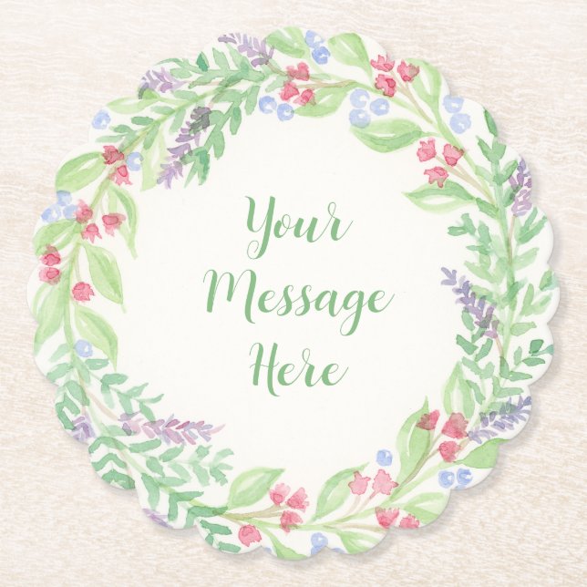 Dessous-de-verre En Papier Aquarelle peinte à la main, couronne de fleurs (Devant)