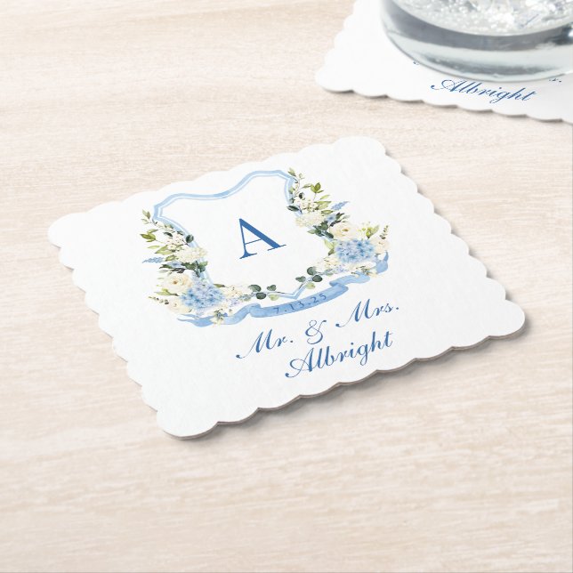 Dessous-de-verre En Papier Aquarelle personnalisée Hydrangea Floral Crest Mar (Incliné)