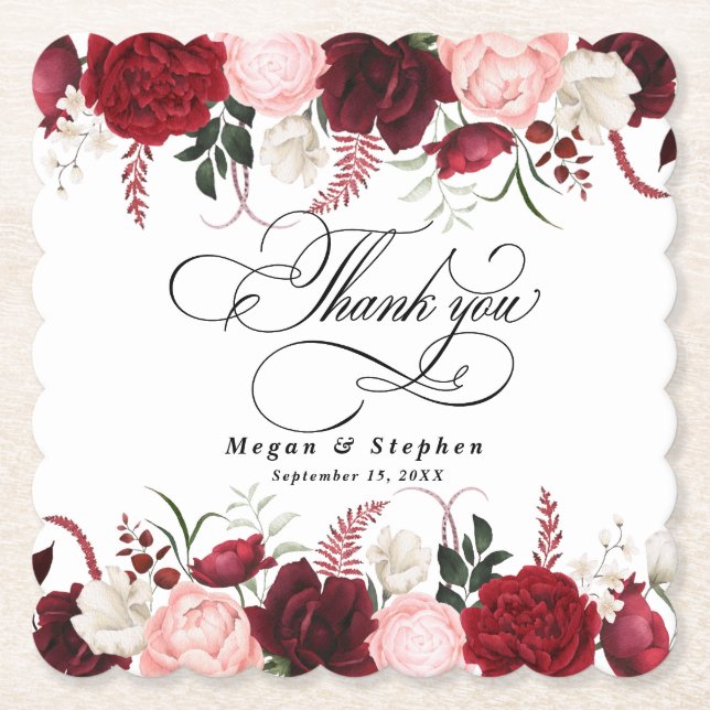Dessous-de-verre En Papier Aquarelle romantique Bourgogne Floral Mariage (Devant)