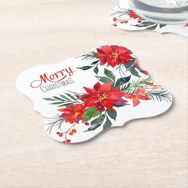 Dessous-de-verre En Papier Aquarelle Rouge Poinsettia Bouquet (Incliné)