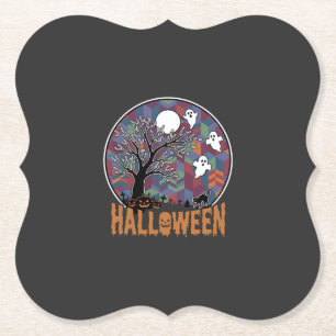 Dessous-de-verre En Papier Arbre ensorcelé d'Halloween Fantômes et Chat Noir