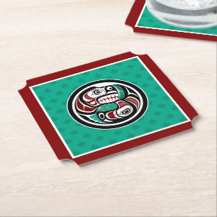 Dessous-de-verre En Papier Art amérindien Rouge Noir Vert Loutre Saumon