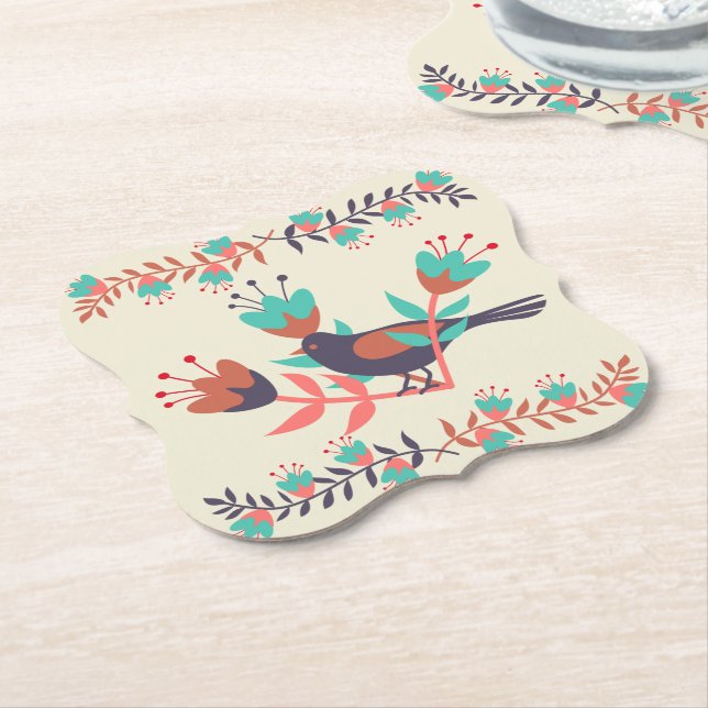 Dessous-de-verre En Papier Art folklorique d'oiseaux et de fleurs (Incliné)