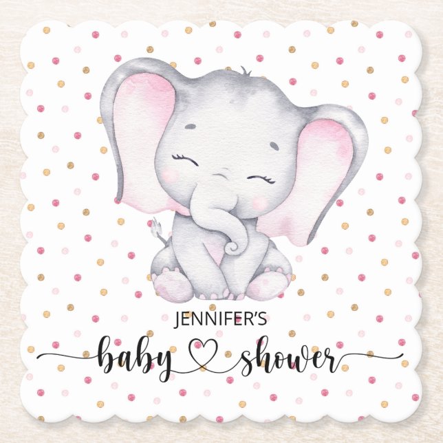 Dessous-de-verre En Papier Baby shower d'aquarelle rose éléphant (Devant)