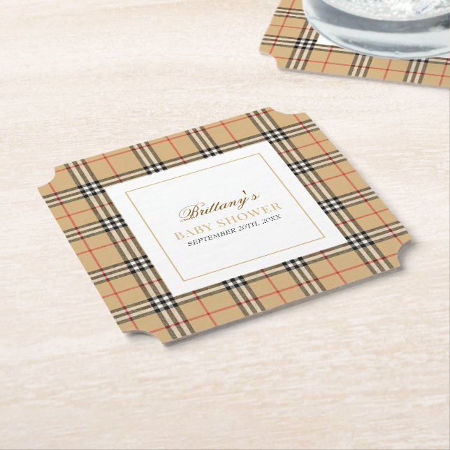 Dessous-de-verre En Papier Baby shower Plaid Chèque Beige (Incliné)