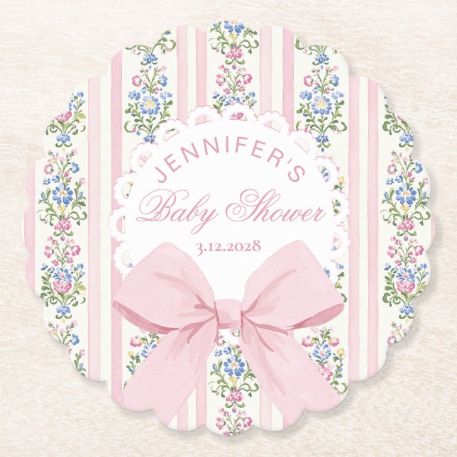 Dessous-de-verre En Papier Baby shower Rose Coquette Blush Pink Bow (Devant)