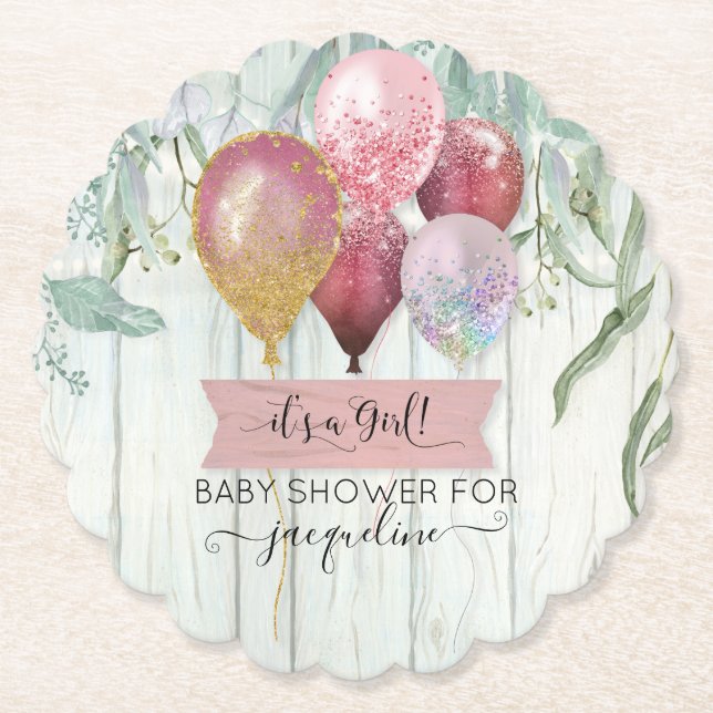 Dessous-de-verre En Papier Balloon rose Bourgogne Bois Rustique Baby Girl Dou (Devant)