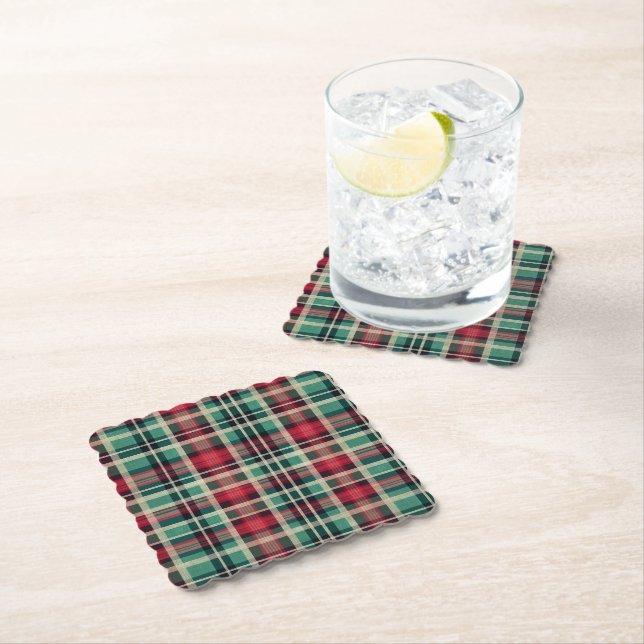 Dessous-de-verre En Papier Bandes Plaid Vert Crème Rouge (En situation)