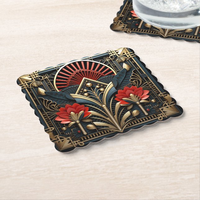 Dessous-de-verre En Papier Beau Art Déco Rouge Or Noir (Incliné)