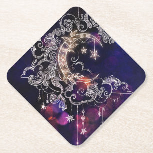 Dessous-de-verre En Papier Beau Boho Lune Étoiles Bleu Violet