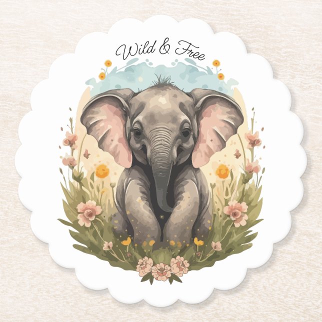 Dessous-de-verre En Papier Bébé mignon Eléphant Calf Fleur sauvage Wanderlust (Devant)