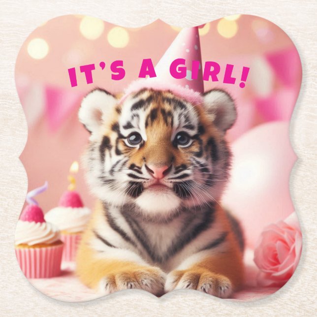 Dessous-de-verre En Papier Bébé mignon Révéler fille rose bébé Tiger (Devant)