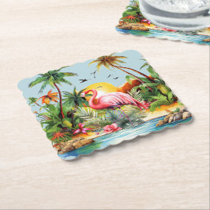Dessous-de-verre En Papier Belle plage rose flamingo