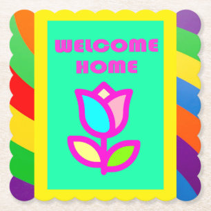 DESSOUS-DE-VERRE EN PAPIER BIENVENUE À LA MAISON AVEC STRIPES ET MOTIF FLEURI