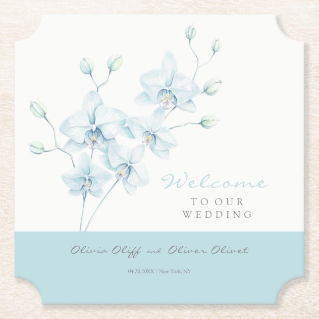 Dessous-de-verre En Papier Bienvenue au Mariage d'orchidée bleu doux (Devant)