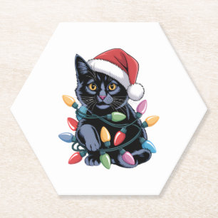 Dessous-de-verre En Papier Black Cat lumières Noël Amoureux des chats amusant