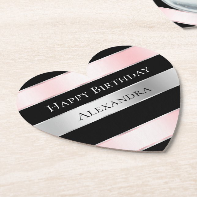 Dessous-de-verre En Papier Black Glam Silver Blush rose Ribbon Anniversaire (Incliné)