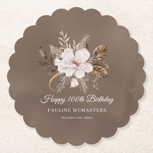 Dessous-de-verre En Papier Blanc Floral Neutre Automne 100e anniversaire (Devant)