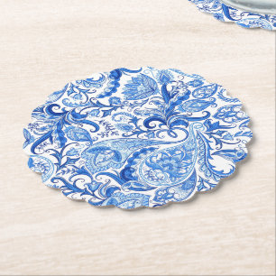 Dessous-de-verre En Papier Bleu Bleu Blanc Floral Paisley Art Motif