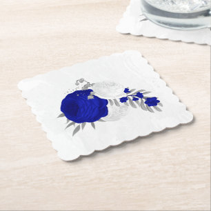 Dessous-de-verre En Papier bleu royal & fleurs blanches argent
