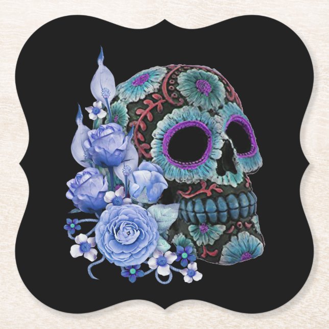 Dessous-de-verre En Papier Blue Floral Black Sugar Skull Jour des morts (Devant)