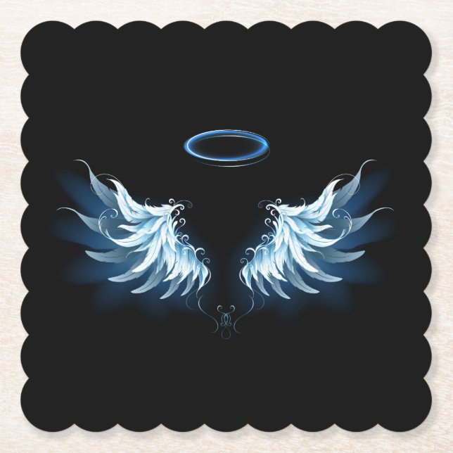 Dessous-de-verre En Papier Blue Glowing Angel Wings on black background (Devant)