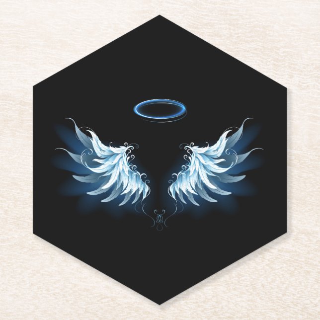 Dessous-de-verre En Papier Blue Glowing Angel Wings on black background (Devant)