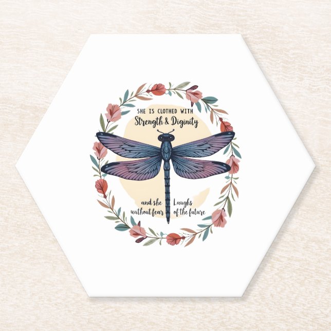 Dessous-de-verre En Papier Boho Floral Dragonfly Elle Est Vêtue De Force (Devant)