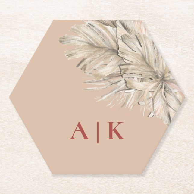 Dessous-de-verre En Papier Boho Palm Hexagon Blush Monogramme (Devant)