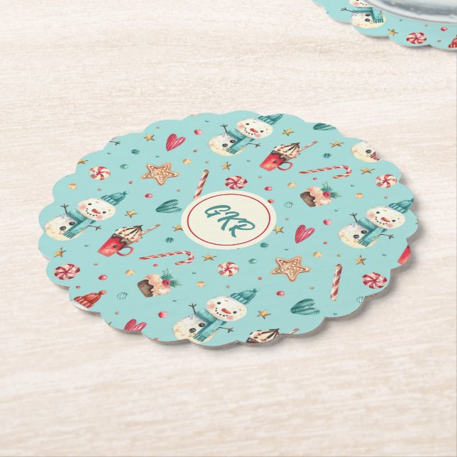 Dessous-de-verre En Papier Bonbons moelleux de Noël Monogramme (Incliné)