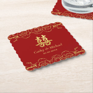 Dessous-de-verre En Papier Bordure florale en or rouge mariage chinois double