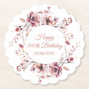 Dessous-de-verre En Papier Bougogne rose floral personnalisé 100e anniversair