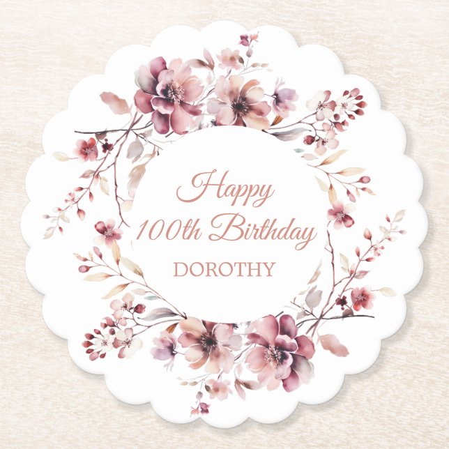 Dessous-de-verre En Papier Bougogne rose floral personnalisé 100e anniversair (Devant)