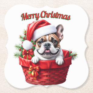 Dessous-de-verre En Papier Bouledogue français dans un panier de Noël