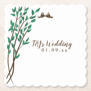 Dessous-de-verre En Papier Branches Rustiques et Oiseaux Amoureux de Mariage