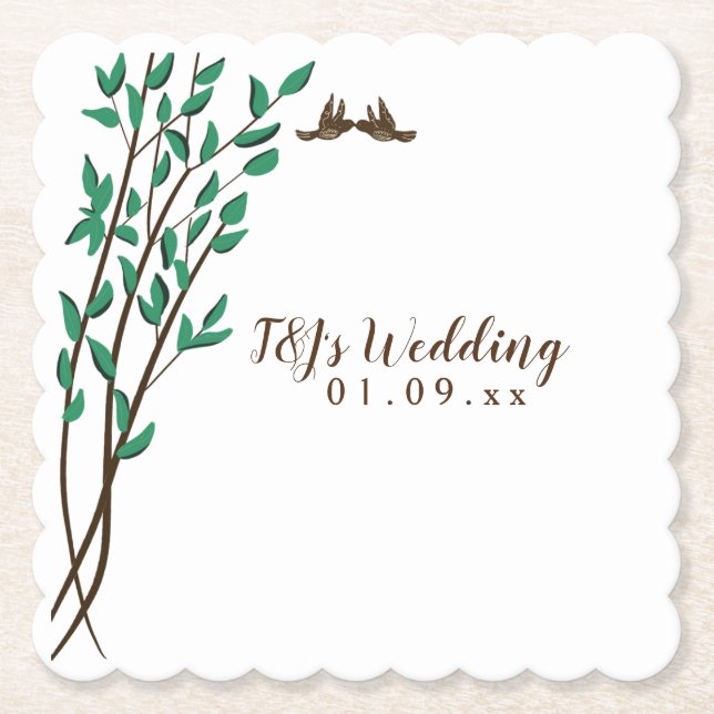 Dessous-de-verre En Papier Branches Rustiques et Oiseaux Amoureux de Mariage  (Devant)