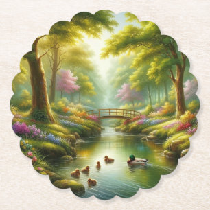 Dessous-de-verre En Papier Brook de printemps avec canards/fleurs